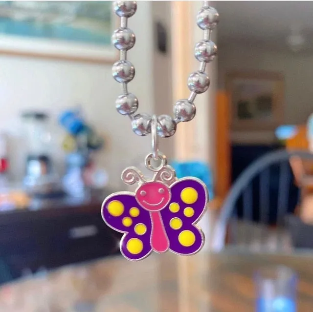 Y2K Rainbow Heart Mushroom Necklace For Women Butterfly Charms Vintage 90s Style Choker Necklace